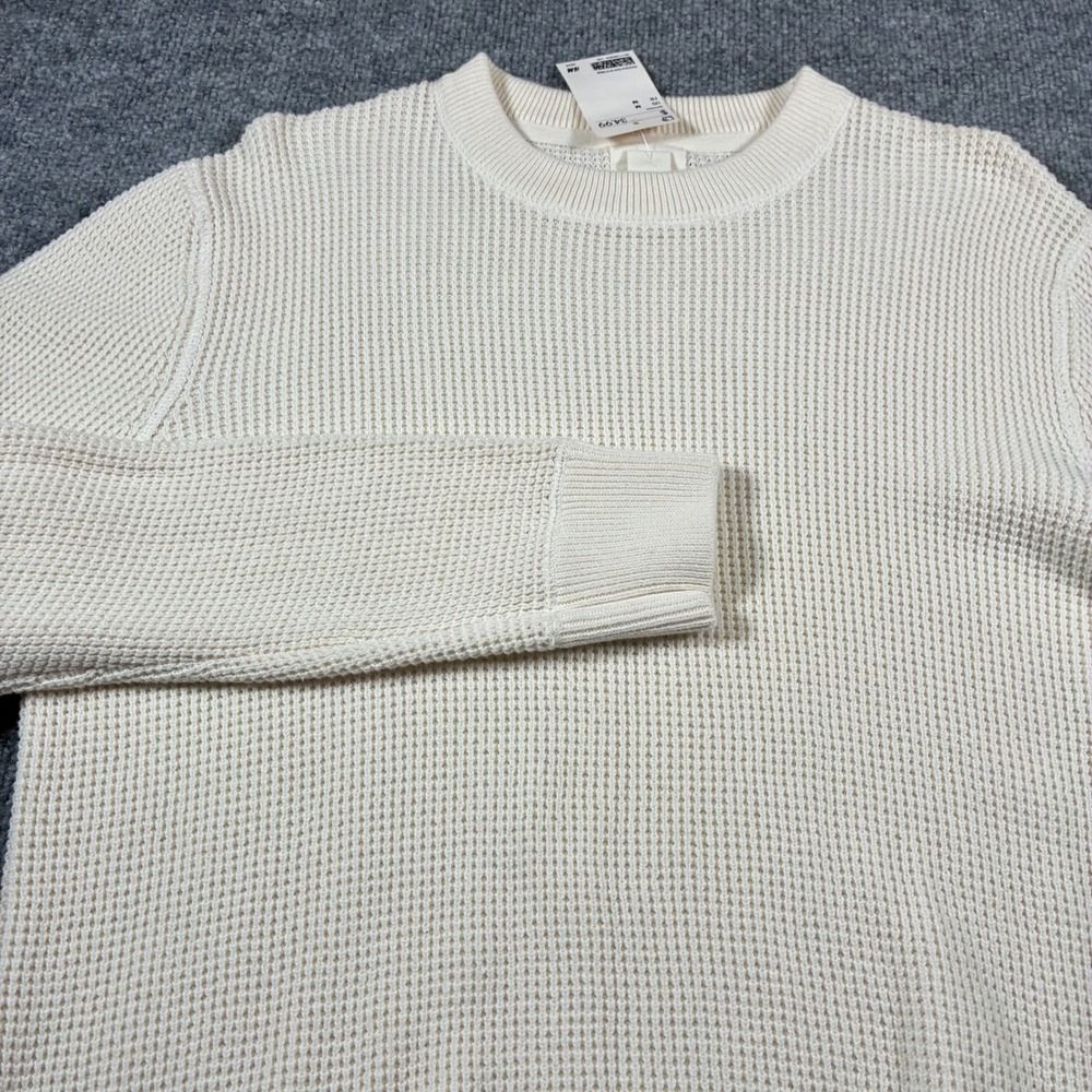 H&M L.O.G.G. Waffle Knit Sweater Mens M Cream Crew Neck Ribbed NWT